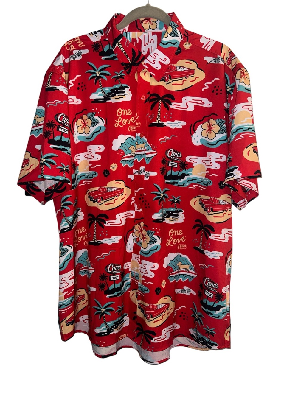 Raising Canes “One Love” Red Tropical Print Casual Button-Down Shirt